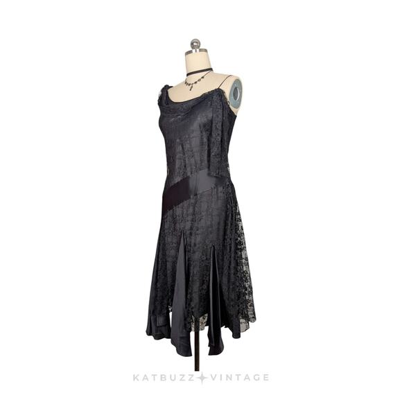 Vintage Midi Dress Cocktail Gown 10 Black Silk Lace Fairy Goth Y2K Witchy Glam - Picture 1 of 12